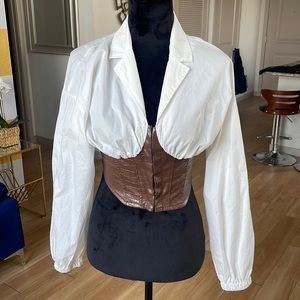 White Blouse with built in brown leather corset